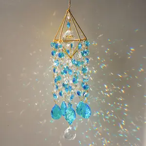 Multi-Pack 21.5 Inch Crystal Sun Catcher, Handmade Blue Light Window Decor, Gold Plated Crystal Wind Chime, Indoor Outdoor Rainbow Maker