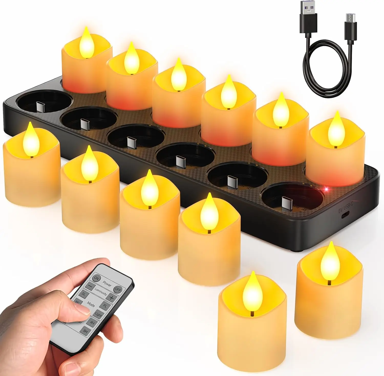 12pcs USB Rechargeable Flameless Votive LED Decorative Candles - Hands-Free, Instant-On, Kidproof, Cordless, Remote Timer, Charging Base, Flickering, Smokeless, Realistic for Home Lighting, After Dark, Party Decor (No Battery Required), Shelf Decor, Party