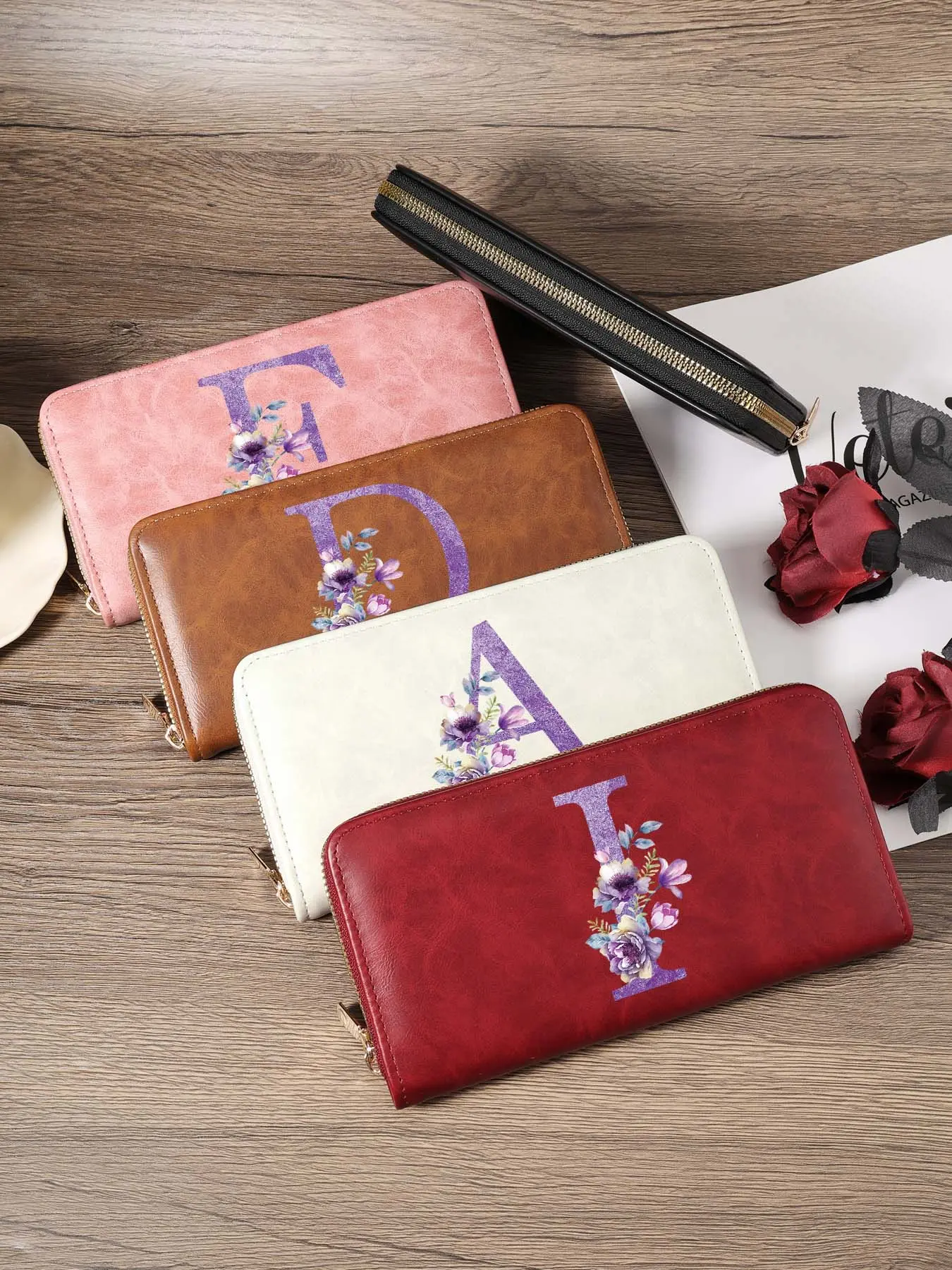 Casual Initial Floral Long Zipper Wallet, Comfortable Large Capacity Monogram Clutch Bag Multi-Slot Portable Card Holder for Women Daily Outings & Travel