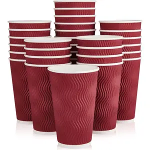 16 oz Pack of Paper Coffee Cups, Wine Red Disposable Beverage Cups with Insulated Ripple Wall for Coffee, Tea, and Hot Chocolate