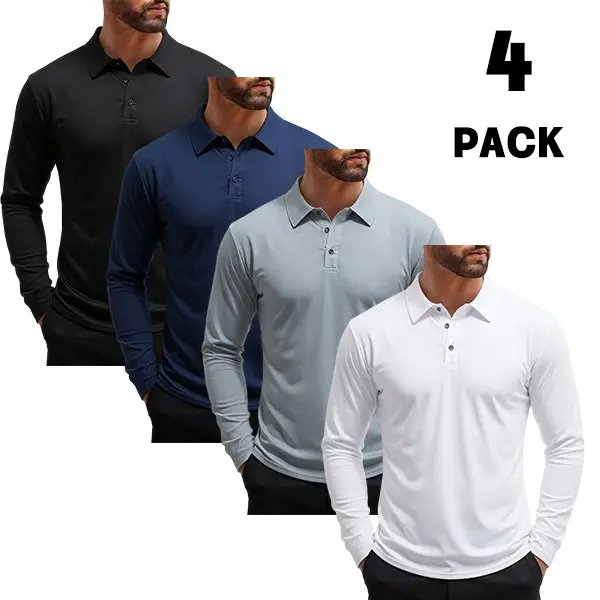 Men’s 4-Pack Premium Slim Fit Polo Shirts – Stretch quick-dry fabric, classic long-sleeve design, versatile for business casual and everyday wear