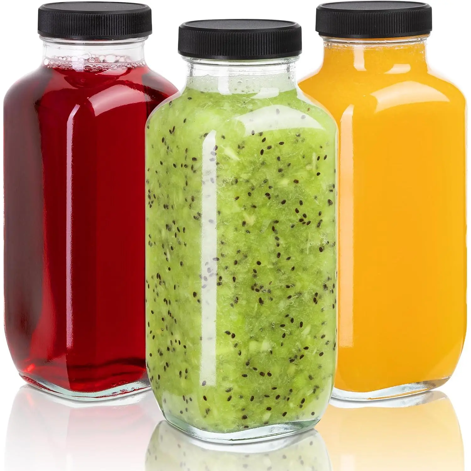 Juice Bottles with Lids, 16 Oz - Set of 3 - Clear Glass Jars with Caps - Reusable Empty Drink Containers for Juicing, Smoothies, Water, Milk, Kombucha Storage, Wellness Shots and More (3)