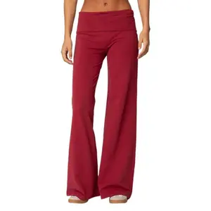 Women Y2k Palazzo Yoga Pants Fold Over Flare Leggings Low Rise Solid Color Stretch Casual Wide Leg Pants Comfy Lounge Pants Bootcut Bell Bottoms Baggy Sweatpants Streetwear hoodie comfort Women's Slub Knit Full-Zip