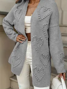 New Fashion Women's Sweater Autumn Winter, 3D Heart Embroidery Design, Pure Color Casual Open Front Cardigan, High Stretch Elegant Long Knit Jacket