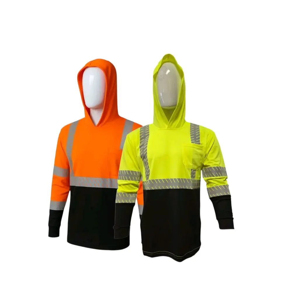 Unisex Reflective Construction Work Safety Hoodie - Polyester Outfit, Protective Hi-Vis Safety Clothing, Long-Sleeve, Black Bottom with Print Reflectors, Quick-Dry Industrial Workwear Clothing, Protective Clothing, Industrial Clothing