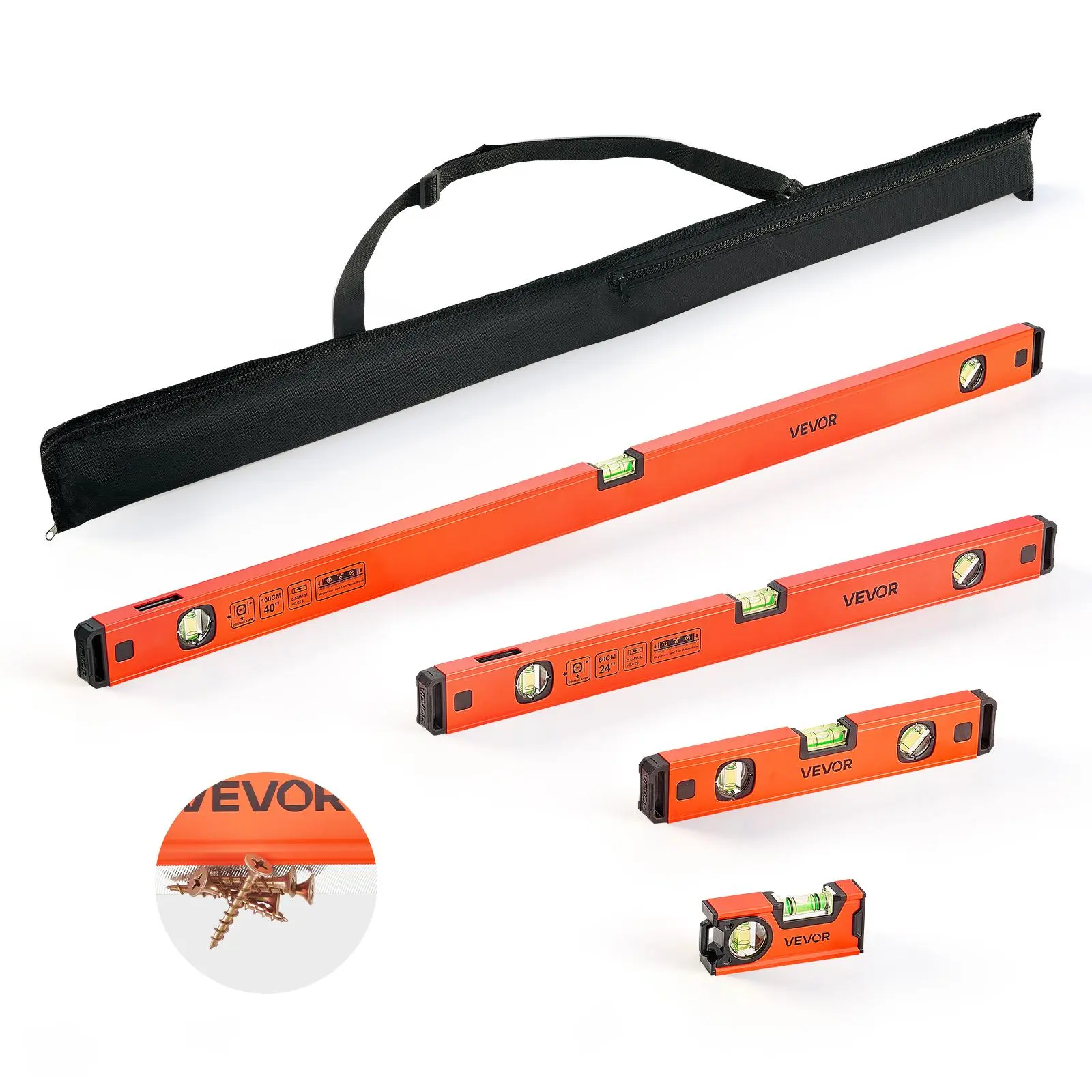 【Summerfinds】VEVOR Torpedo Level,4-Piece Included 4/12/24/40 inMagnetic Leveler Tool Set Aluminum Alloywith Clear 3 Green VialsHanging HoleBox Beam Multi-angle Measurement for Construction Home Renovation