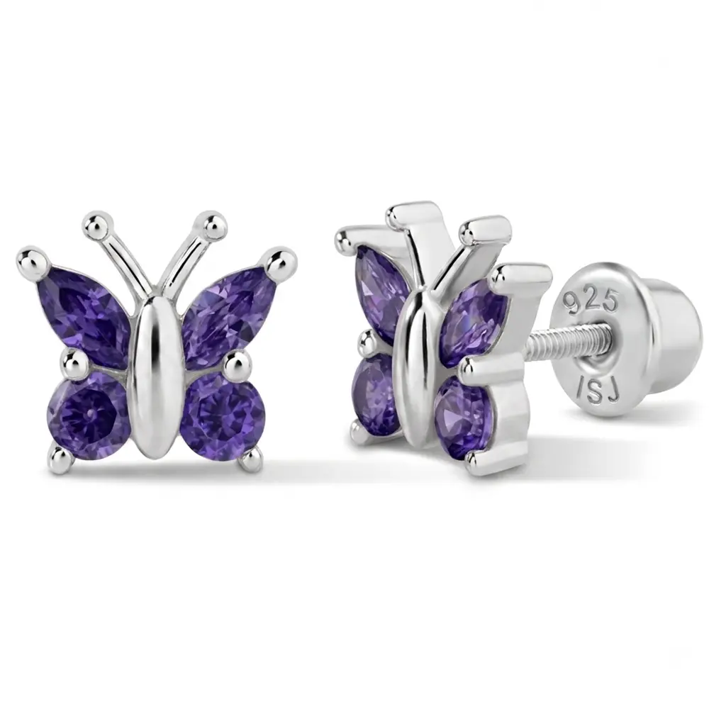 Sterling Silver Dainty CZ Butterfly Screw Back Cubic Zirconia Earrings - Elegant, Sparkly, Sensitive Dainty Kids Earrings for Toddlers, Elegant Earrings
