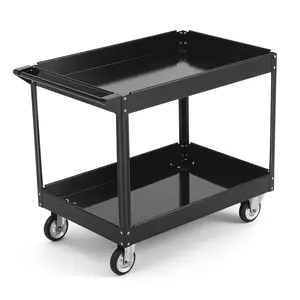 Heavy Duty 2-Shelf Utility Cart, 500 lb Capacity Rolling Service Trolley with Ergonomic Handle and Locking Casters – Durable Plastic Mobile Storage for Office, Warehouse or Garage