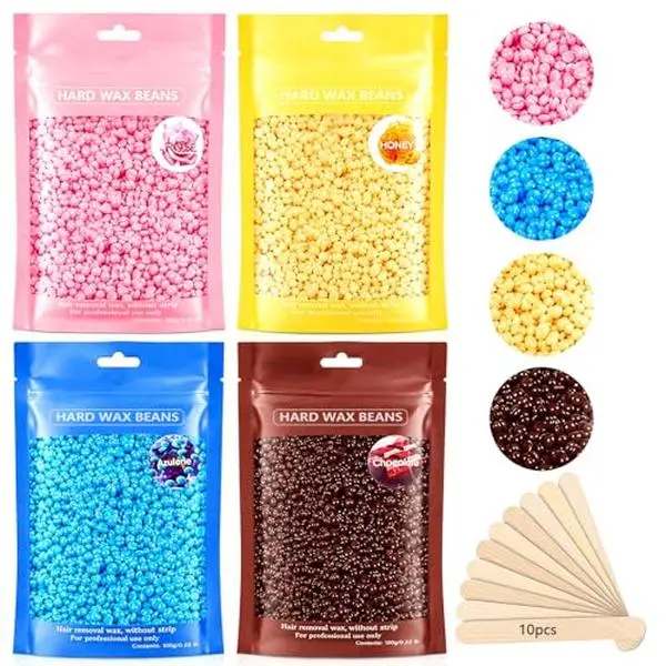 Hard Wax Beads, Professional Wax Beads for Hair Removal 400g Hair Wax with 10 Pcs Wood Sticks for Full Body Brazilian Bikini Face Legs Eyebrow Painless at Home for Women and Men