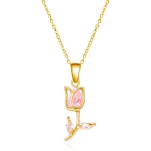 Tulip Flower Pendant Necklace for Women Dainty Elegant Boho Temperament Crystal Tulip Necklace Trendy Statement Friendship JewelryValentine's Day gifts