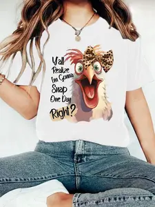 Women's Rooster Print Round Neck Tee, Casual Comfy Fashion, Fashion Casual Crew Neck T-Shirt for Daily Holiday Vacation Outdoor Wear, Ladies Clothes for Summer, Top