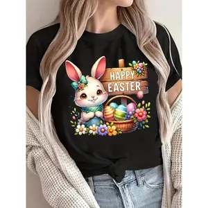 [100%25 Cotton] Women'S Easter Bunny Graphic T-Shirt - Cute Rabbit & Egg Design, Short Sleeve, Soft, Casual Spring/Summer Top Golf Gift T-Shirt For Men Women