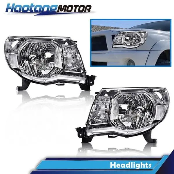 CROSSDESIGN Clear/Chrome Durable Heat Resistant Automotive Headlight Assemblies - 4157a Bulbs Compatible, OEM Replacement Pair Set for 2005-2011 Toyota Tacoma Trucks (Driver & Passenger Side), Car Headlights