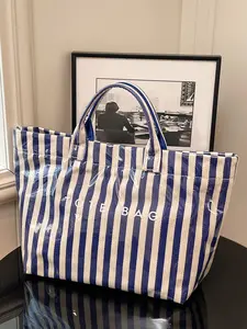High end retro practical texture contrasting striped tote bag, short handle, letter print design, large capacity fashionable simple casual versatile shoulder bag, Textured Commuter Bag, Fashionable Patterned Bag, suitable for daily commuting, shopping