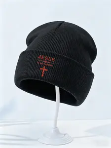 JESUS & Cross Knit Beanie, Beanie Fitted - Adjustable faith-inspired design for believers. This accessory carries spiritual meaning from Easter celebrations to daily commutes, outdoor adventures - blending devotion with lifestyle.