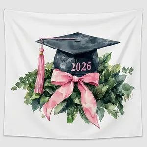 1 PC 2D Flat Banner Backdrop Graduation 2026 Watercolor Floral Green Leaves Pink Bow Photography Background for Party Decor