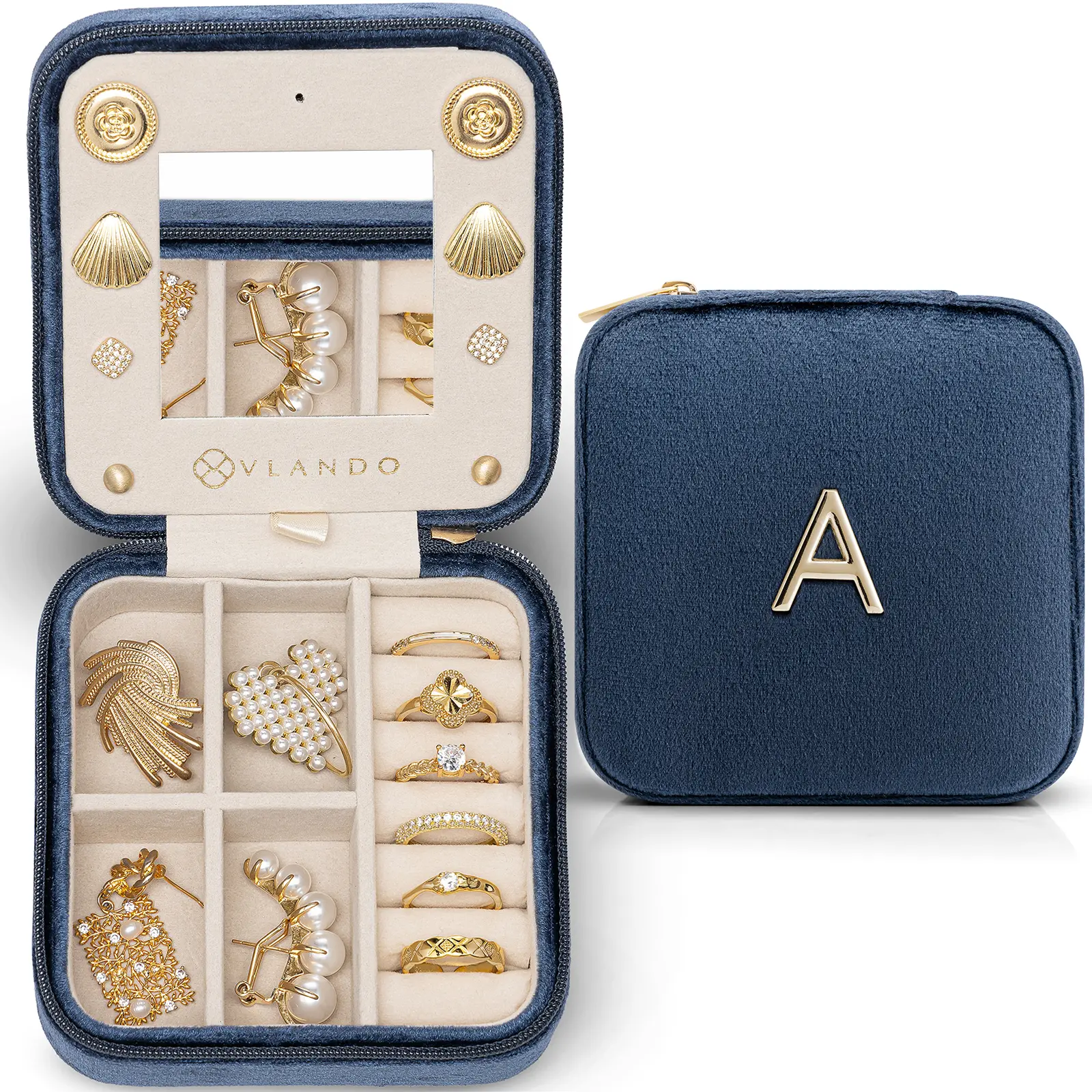 VLANDO Women's A-Initial Classic Square Velvet Travel Jewelry Case - 10*10*5 cm, Lightweight, Dustproof, Mini Compartment Earring Organizer, Jewelry Storage for Teacher Bedroom, 2025 Travel Essentials Dark Blue Trinket Gift Box