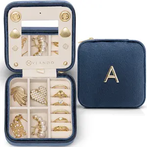 VLANDO Vanity Light A-Initial Velvet Travel Jewelry Case for Women, Mini Compartment Earring Organizer, 2025 Travel Essentials Dark Blue Trinket Storage Box Gift