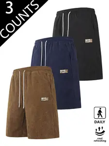 Men's Plaid Velvet Casual Shorts, Elastic Waistband Design, Patch Details, Loose Fit, Solid Pattern, Multi-Pack, Set