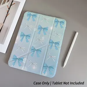 Light blue floral bow double-sided pattern Y-fold stand, with pen holder and anti-drop protection, suitable for iPad cases, foldable, non-slip, adjustable stand, compatible with iPad Mini Air Pro 10th and 11th generation tablet accessories