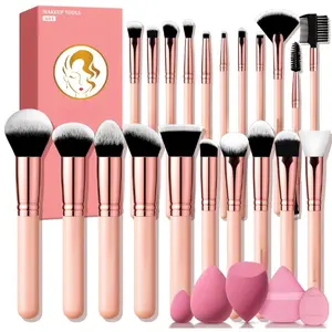 26 Pcs Makeup Brushes Set, Professional Makeup Kit, Include Powder Foundation Concealers Blush Eye shadows Eyebrow 21 Pcs Makeup Brushes and 2 Powder Puff, 3 Makeup Sponge(A01-Pink)