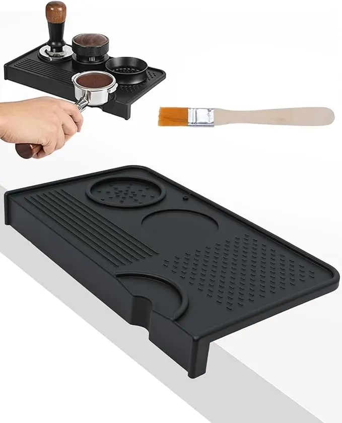 Upgraded Silicone Storage Rack Tamping Mat & Coffee Brush, Durable Tamper Mat Counter Pad, Espresso Machines Acceessories for Home Baristas, Espresso Tamping Station