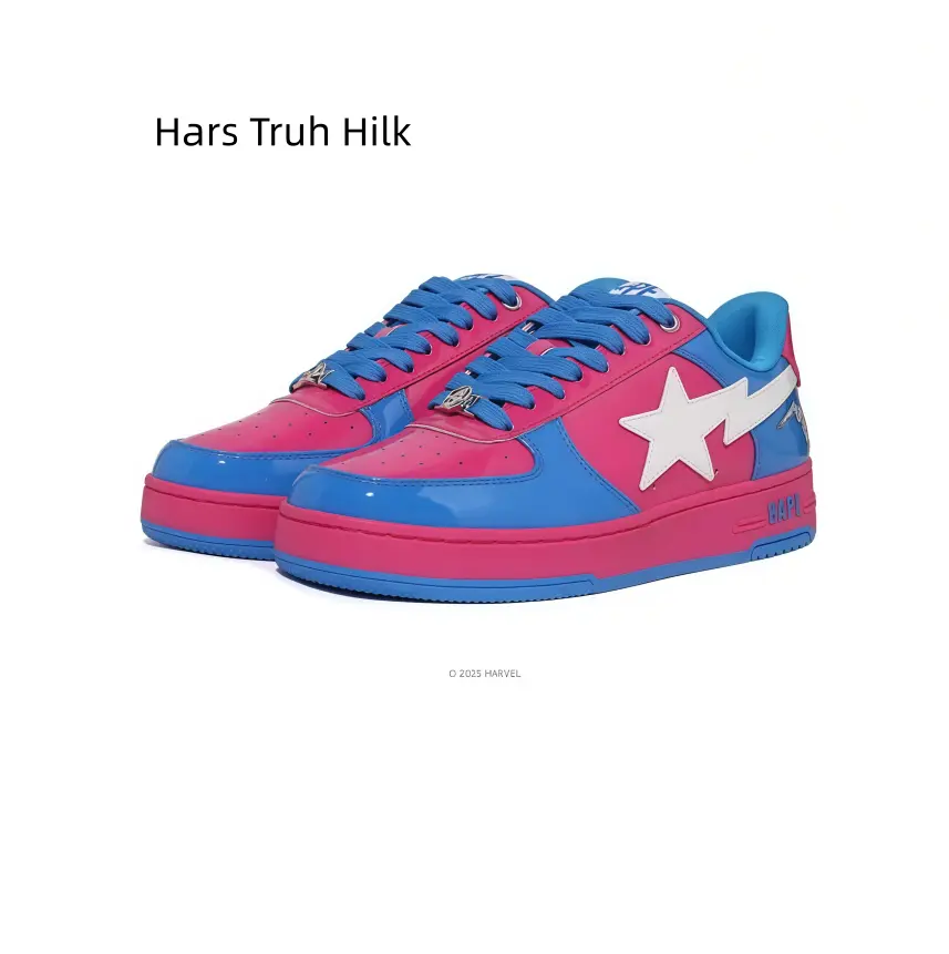 Bold Pink Blue Gloss Leather Low Profile Sneakers With Eye-Catching White Star Detail, Standard Lace-Up Structure, Cushioned Insole Y2K Hip Hop Fashion Sneakers For Skate Activities & Daily Outfits