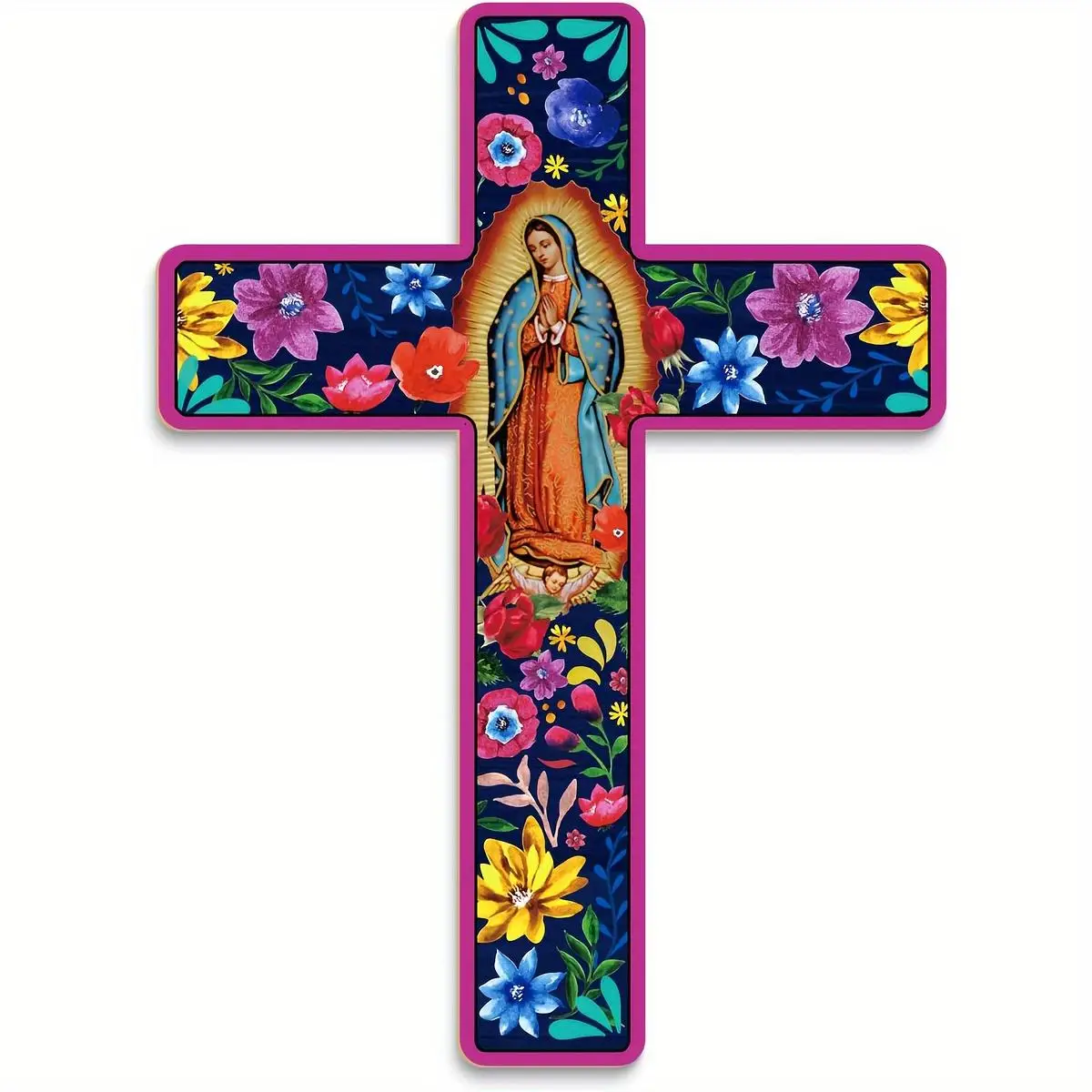 Mexican Flower Pattern Crucifix, 1 Count Wooden Wall Mounted Cross, Wall Art Decor for Home Church Farmhouse, Day Of The Dead Decoration, Religious