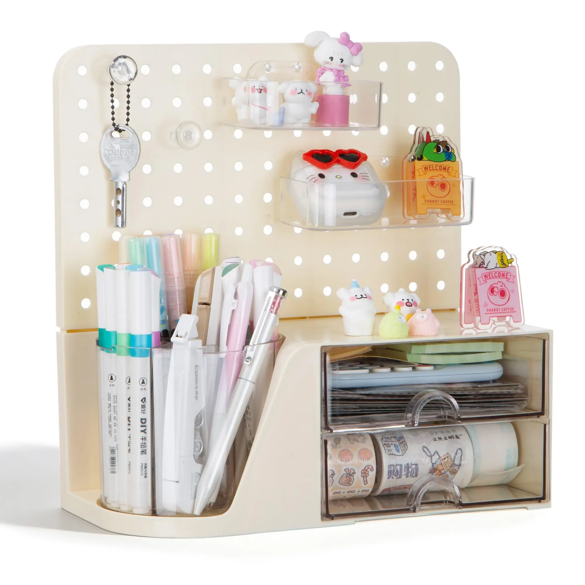 White Plastic Desk Organizer with 2 Drawers, 1 Top Tray, Pegboard, 5-Slot Pen Holder - Cute Sticker Included, Multifunctional Storage for Office Supplies to Organize Desk (Home, Office Use), 6 Compartment Rotating Pen Holder