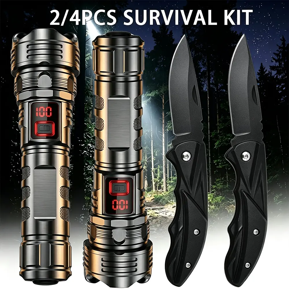 2/4Pcs EDC Combo Set 1 Flashlight 1 Knife Per Pair High Lumens Rechargeable Flashlight With Digital Display 3 Retractable Lighting Modes Stainless Steel Folding Pocket Knife Portable Outdoor Camping Fishing Emergency Survival Gear Father’s Day Gift