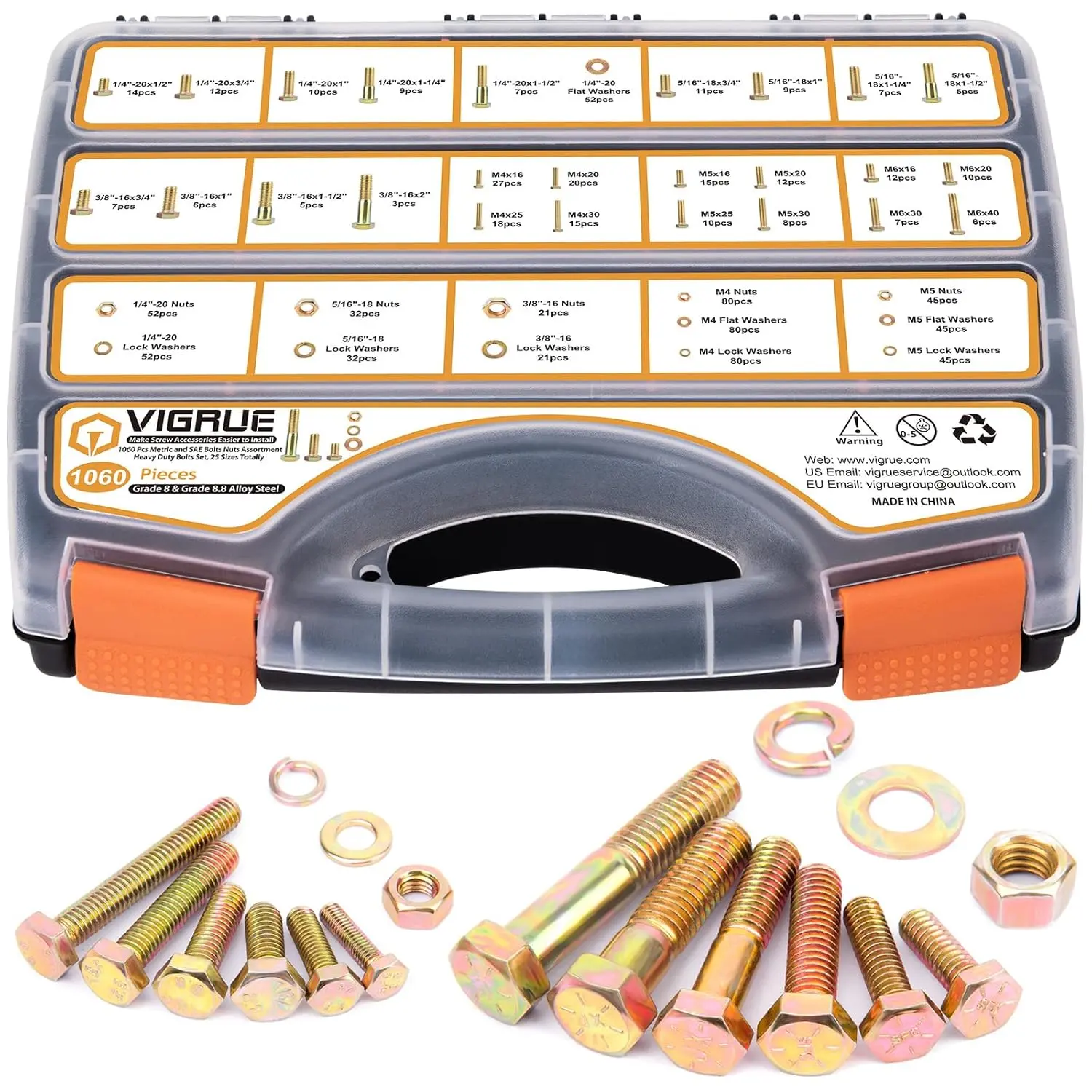 VIGRUE 1060PCS SAE & Metric Bolts Nuts Assortment Kit 1/4-20 5/16-18 3/8-16 and M6 M5 M4 Heavy Duty Assorted Hex Bolts Washers Nuts Fasteners Set with Portable Box, 25 Different Sizes self drilling  anchors magnetic cabinet  latch ver  x  bolts wire nuts