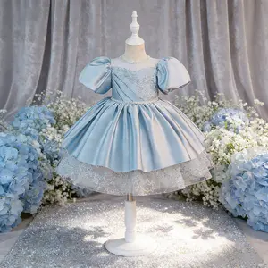 6131 Girls' blue puff-sleeved dress with lace embroidery suitable as a birthday gift party dress performance dress piano recital dress birthday party dress