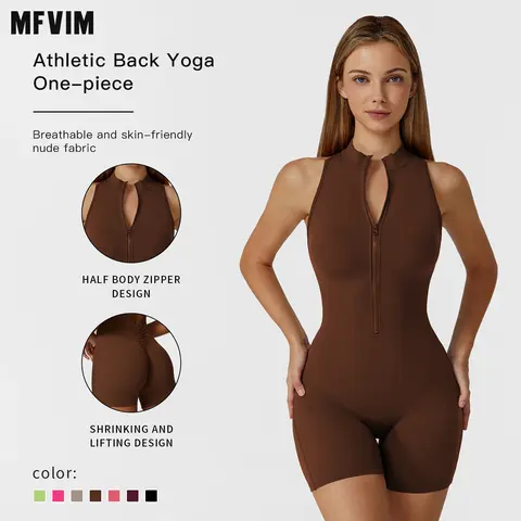 MFVIM Women's Sporty Jumpsuit - 2025 Cooling Breathable 22% Spandex Flex Shrink-and-Lift Stretch Fabric, Half-Zipper Fitted Short Bodysuit, Yoga-to-Beach Wear Gym Apparel, Cold Wash No Dry Clean Summer Activewear
