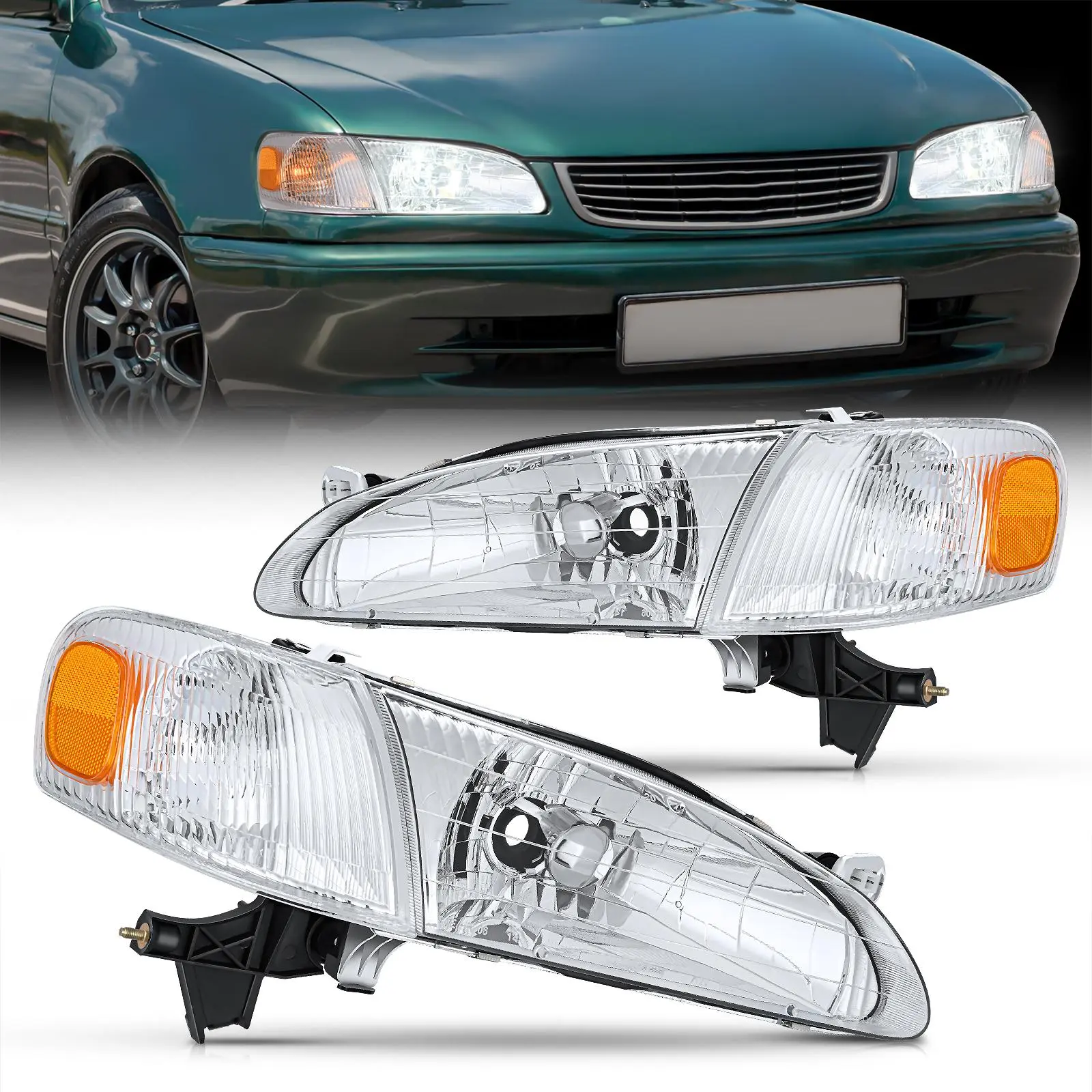 Nilight Headlight Assembly Compatible with 1998 1999 2000 Toyota Corolla Chrome Housing Amber Reflector Upgraded Clear Lens Headlights Replacement Driver and Passenger Side