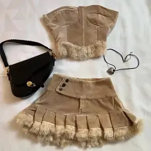 Y2K Beige Fur Two-Piece Top Womenswear with Matching Pants Comfortable Suits for Women's Wear - Clothes Sleeveless Fashion Style