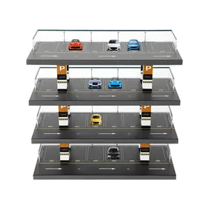 4-Tier Clear Acrylic & Solid Wood Diorama Parking Display Case for 1:64 Scale Model Cars, 12.99x6.3x12.6 Inch Collectible Storage Shelf with UV Printed Signs & Protective Baffles, for Home Office Toy Store Car Enthusiast Gift