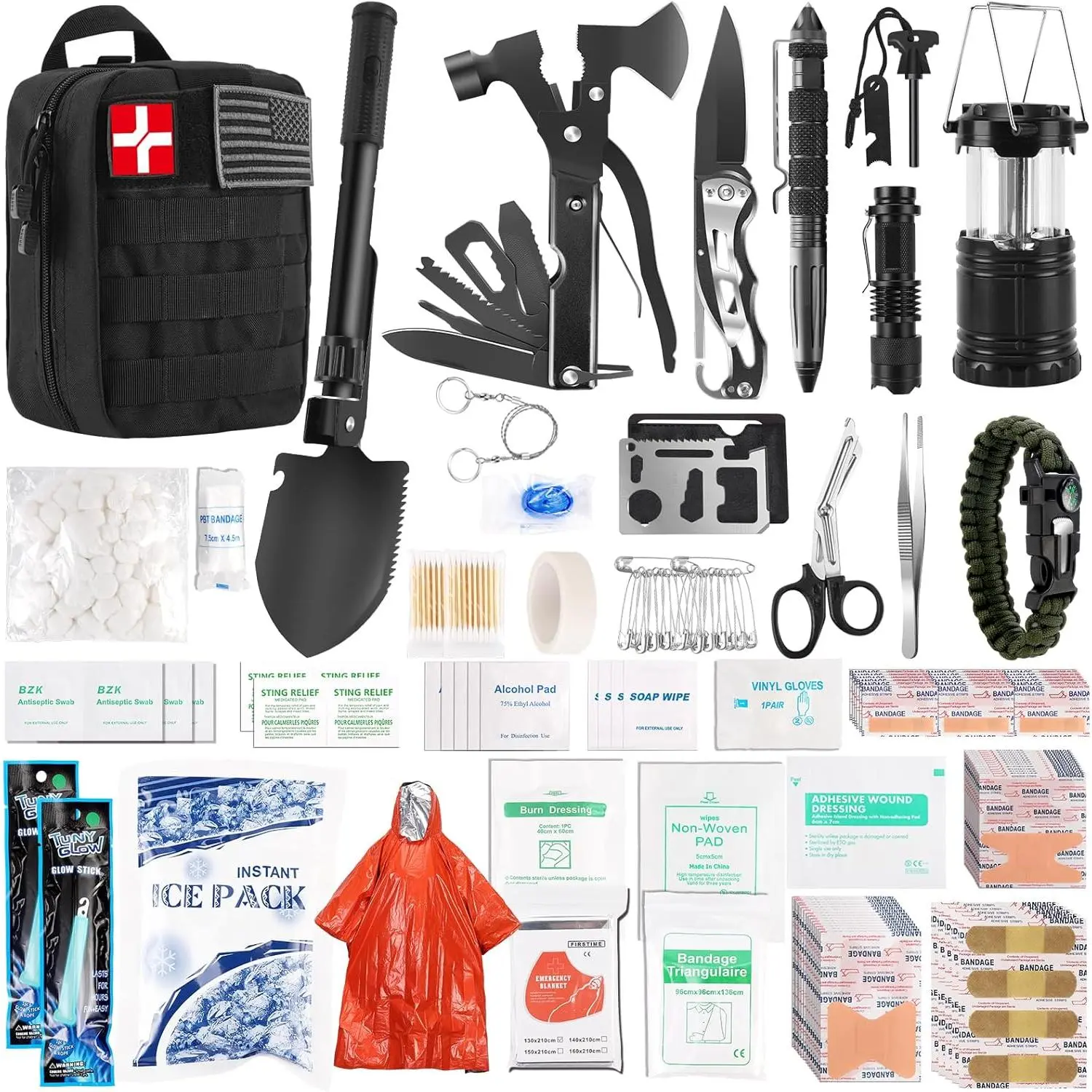 Tactical Survival Kit, 318 PCS Emergency Gear with First Aid Supplies in 1000D Nylon MOLLE Pouch - Keep Warm and Light, 360-Degree Lighting, Tree-Fold Bugout Bag for Camping - Birthday Perfect Gift Choice for Dads, Call for Help in Emergencies