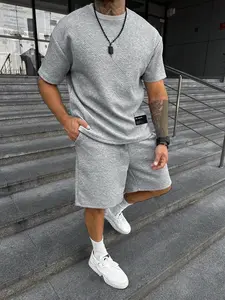 Men's textured Crewneck, Round neck T-shirt casual set, Menswear Clothes, featuring a silk waffle top paired with a comfortable drawstring waist shorts set, ideal for casual wear and summer daily wear, available in multiple colors, it's a gift for men
