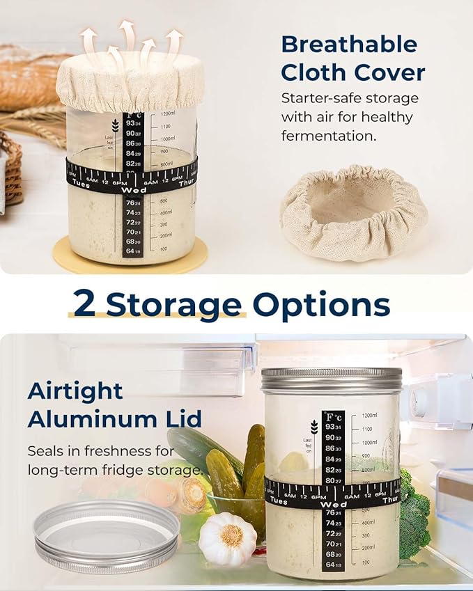 Sourdough Starter Jar Kit - 47 oz Large Wide Mouth Bread Starter Jar with Feeding Tracking Band, Silicone Spatula, Sourdough Bread Baking Supplies