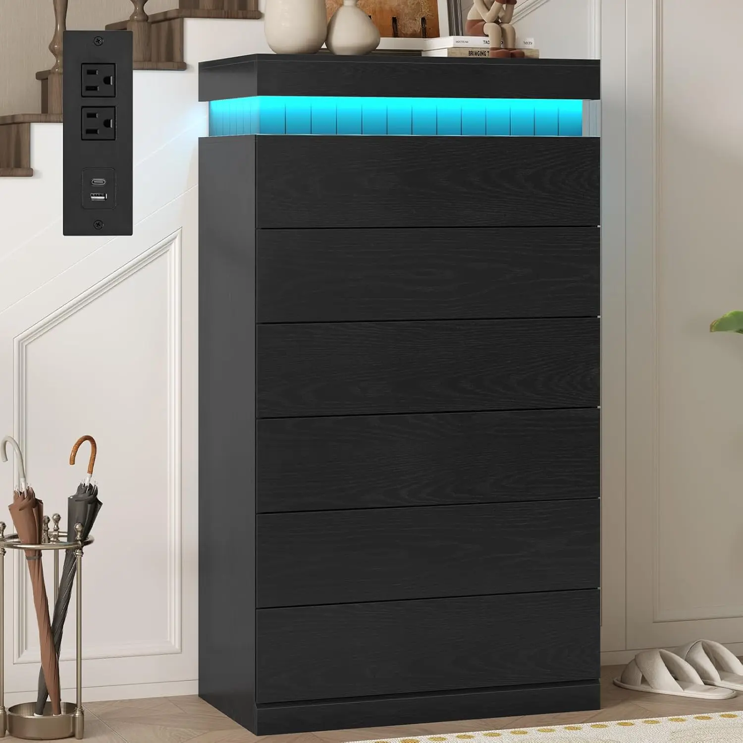 Sikaic Tall 6 Drawers Dresser for Bedroom with Sliding Top Storage Space, LED Light and Power Outlet, Modern Wood Large Chest of Drawer for Living Room, Hallway, Entryway, Home Furniture, Dorm Essentials [tiktokshopbacktoschool]