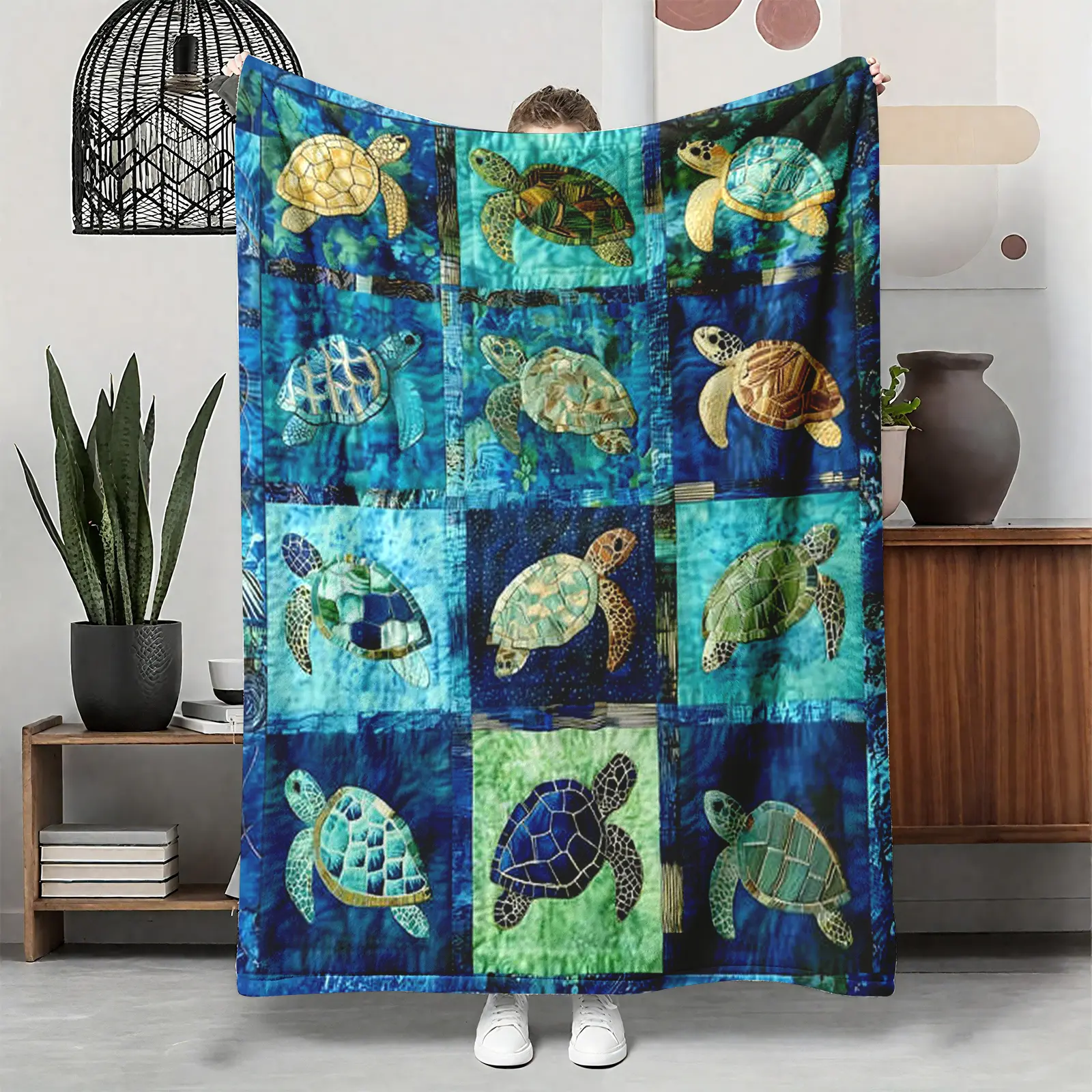 Sea Turtle Quilt Flannel Throw Blanket, Ocean Mosaic Patchwork Soft Cover, Cozy Warm Nautical Gift for Her Him, Coastal Home Decor for Couch Sofa Bed, Summer AC Nap Blanket, Birthday Christmas Gift for Beach Lovers