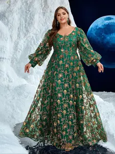 Elegant V-Neck Lantern Sleeve Long Sleeve Beaded Embroidered Maxi Evening Dress Formal Wear, Random Cut Design, Luxurious and Graceful Ball Gown