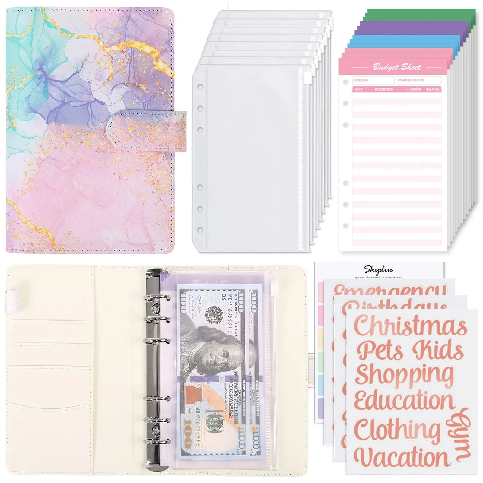 SKYDUE Personal Finance Organizer A6 Budget Organizer with 8 Zipper Envelopes for cash, 12 Expense Sheets & 24 Rose Gold Sticky Labels for Budgeting,back to school,back to school shopping