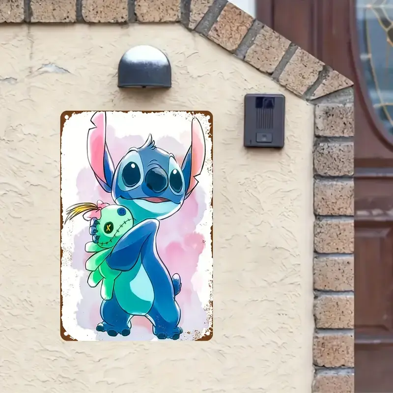 DISNEY CLASSIC Stitch Metal Wall Art - Vibrant Blue Cartoon Decor with Stitch & Plush Toy Design, Traditional Iron Outdoor Sign for Garden, Garage, or Holiday Gift, Garage Decoration Decorating Artistic