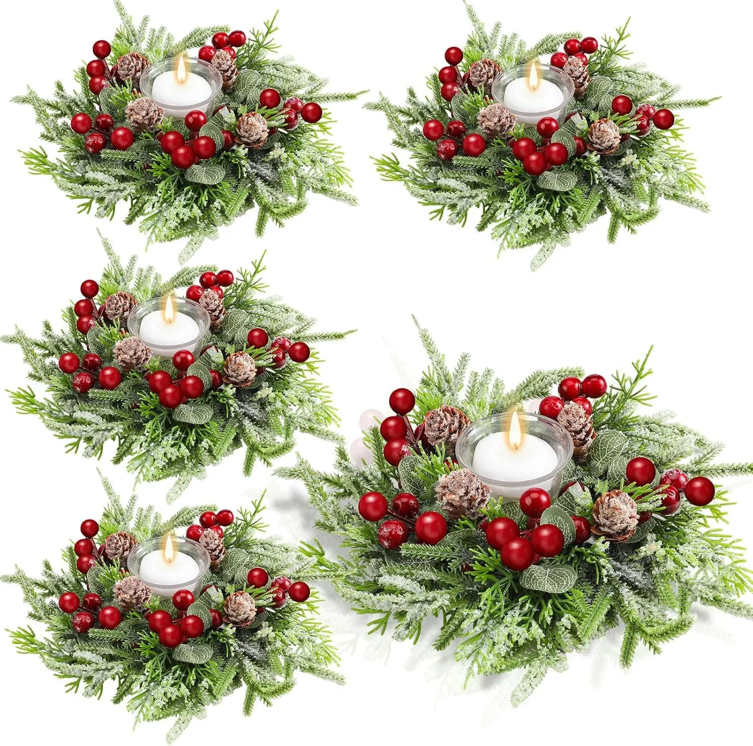 4 Pcs Christmas Artificial Berries & Snowy Pine Candle Rings - Mini Wreath Holders for Kitchen Cabinets, Chandeliers, Home Table Centerpieces - Indoor Decoration, Ornaments, Room Decorations