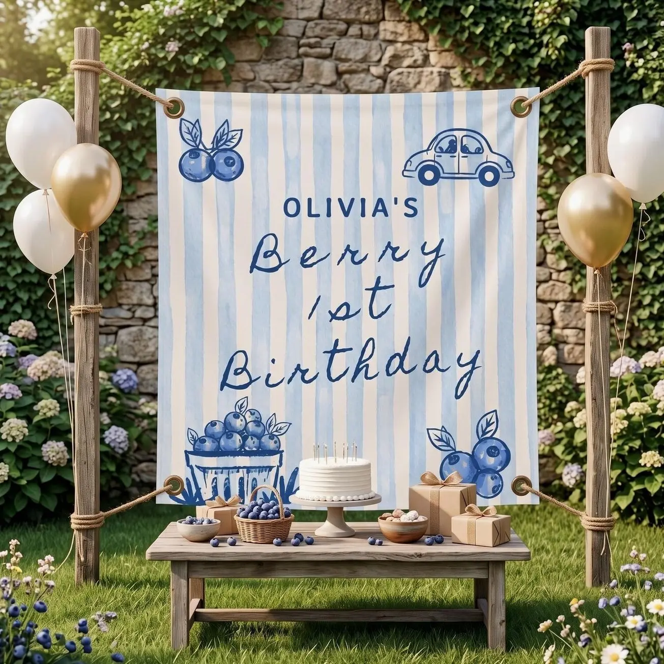 Berry 1st Birthday Backdrop, Personalized Blueberry Striped Tapestry Banner, Custom Boy Girl First Birthday Decor, Summer Party Sign
