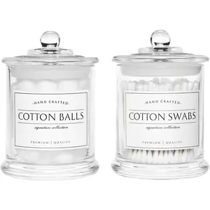 2 Pack Farmhouse Apothecary Jars with Lids - Glass Qtip Dispensers and Cotton Ball Holders for Bathroom Vanity Storage and Organization with 8 Pcs Waterproof Labels (Clear Glass)