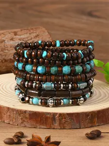 7pcs Wooden Bead Turquoise Bracelet Set, Bohemian Elastic Bracelets, Fashion Couple Bracelets, Daily Wear and Gift, Boho Style, Personalization