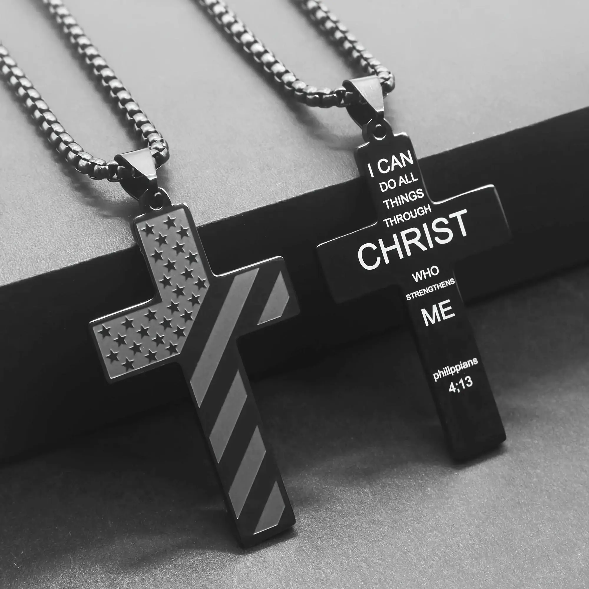 Stainless Steel Cross Necklace with Bible Verse - American Pride, Iconic Stars and Stripes Pendant Chain for Men - Religious Decor Jewelry Gift for Special Occasions, American Pride Design, Iconic Stars And Stripes Design