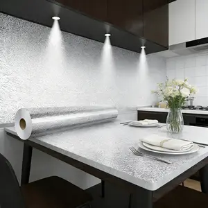 Kitchen Aluminum Foil Backsplash Wallpaper, Oil-Proof Waterproof Heat Resistant Self-Adhesive Contact Paper Cabinet Liner, Peel & Stick Wall Sticker 15.7×118 Inches Silver Cube Texture